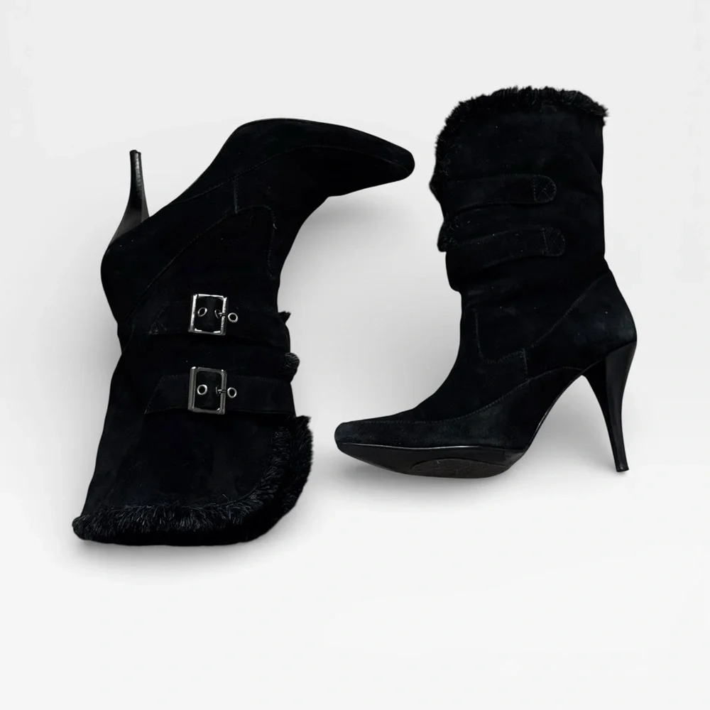 Colin Stuart Sz 8 1/2‎ Black suede faux Fur-Lined Women's stiletto Boots pointed